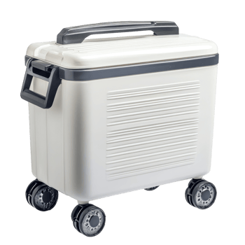Portable white cooler with wheels for transporting food and drinks. png
