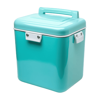 Teal portable cooler with handles and lid. png
