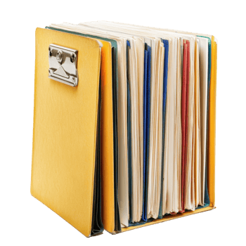 Organized documents stacked within a yellow file folder. png