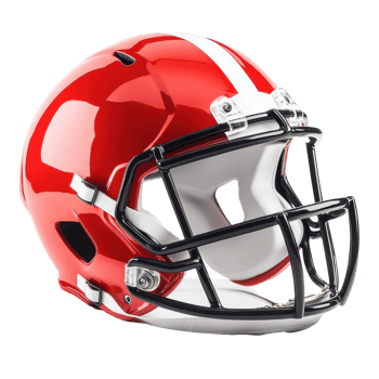 Red and white football helmet, safety gear. png