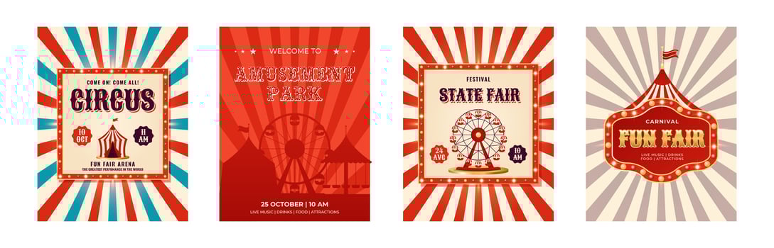Colorful vintage poster set. Circus, amusement park, state fair, fun fair. Design for events, festival, carnival, party, performance and more. Retro illustration vector