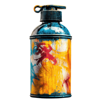 Colorful, distressed spray paint can with graffiti. png