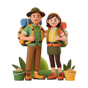Cartoon hikers couple with backpacks and hats standing together smiling happy png