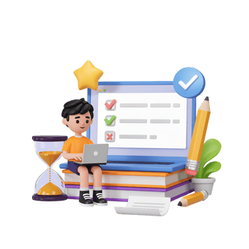 Online exam illustration with boy using laptop and checklist on screen png