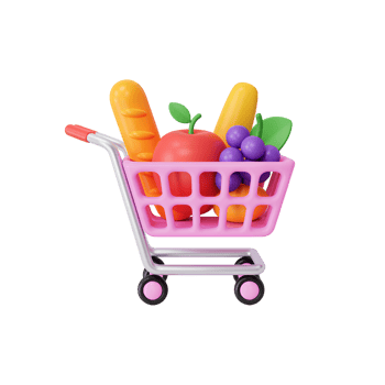 Grocery cart filled with fresh food items in 3d render style illustration png