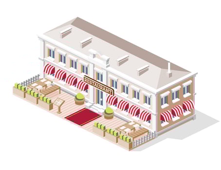 Isometric building with restaurant and terrace. Street restaurant in hotel with open air terrace, outdoor seatings. Urban architecture element. Tables and chairs. vector
