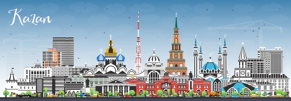 Kazan Russia city skyline with color buildings and blue sky. Kazan cityscape with landmarks. Travel and tourism concept with modern and historic architecture. vector