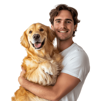 Happy man holding a golden retriever dog png