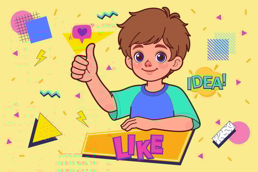 The boy is holding up a sign with a like symbol. Cartoon People Illustration. vector