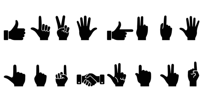 Black Hand Gesture Icons Set Peace Sign, Thumbs Up, Pointing, Fist, and Handshake Silhouettes vector