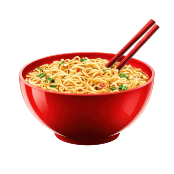 Spicy instant noodles in a red bowl, ready to eat. png