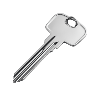 Stainless steel house key displayed in a studio setting. png