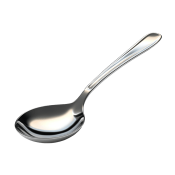 Polished stainless steel soup spoon angled for display. png