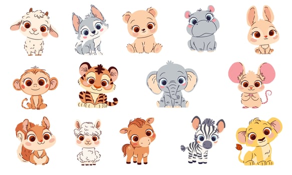 A set of flat illustrations. Cute baby animals with big eyes. Bunny, baby squirrel, wolf goat, baby bear, baby elephant mouse, lion, tiger, hippo, zebra, horse, monkey, llama. vector