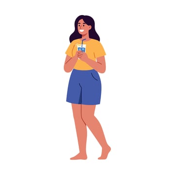 Woman in yellow shirt and blue shorts holding a drink illustration with casual summer style and barefoot pose vector