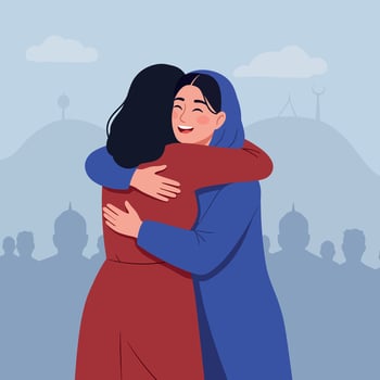Two women in hijabs embracing outdoors with city skyline background in blue and red clothing illustration vector