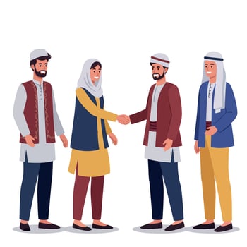 Middle Eastern men and woman shaking hands in traditional clothing illustration vector