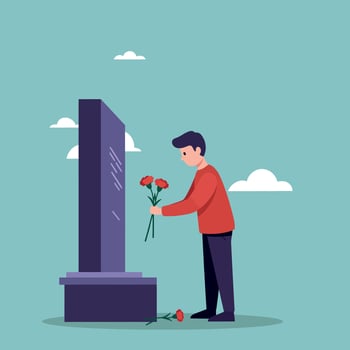 Man laying flowers at grave monument in calm outdoor cemetery scene illustration vector