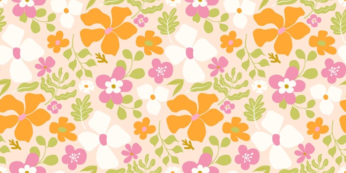 Playful botanical doodle pattern with whimsical abstract flowers and leaves in pink, orange, ivory and green. Seamless design perfect for kids decor, fabric, wallpapers and greeting cards. vector