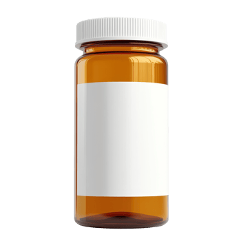 Amber glass medication bottle with blank label. png