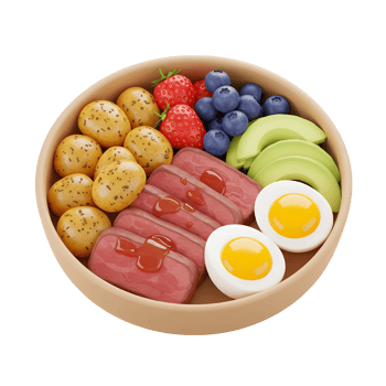3D Healthy Breakfast with Steak, Eggs, Avocado, Berries, and Potatoes healthy In a Wooden Bowl png