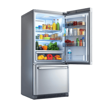 Modern refrigerator filled with various fresh and packaged foods. png