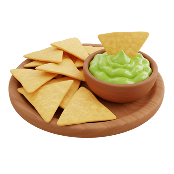 3D Nachos and Guacamole on a Wooden Plate png