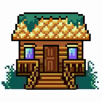 Rustic Pixel Art Log Cabin with Wooden Porch and Leafy Roof vector
