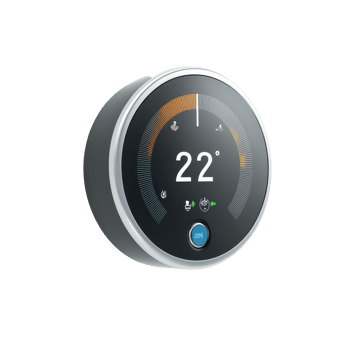 Circular, modern digital thermostat for home temperature control. png