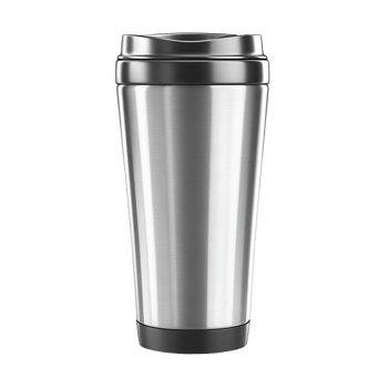 Sleek metallic travel tumbler for beverages. png