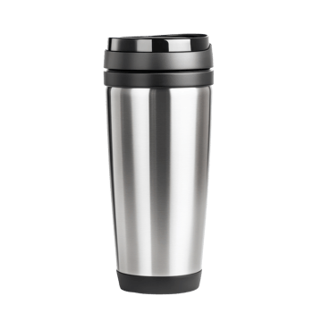 Polished stainless steel travel mug with black accents. png