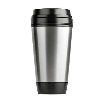 Stainless steel travel mug with black accents. png