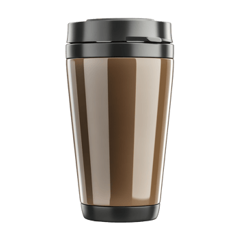 Polished brown travel mug with a black lid. png