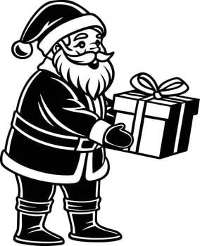 Santa claus holding Christmas gift black and white illustration vector