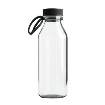 Clear plastic water bottle with black cap and carrying handles. png