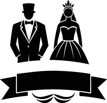 Black and white wedding couple icon with banner and mustache decoration vector