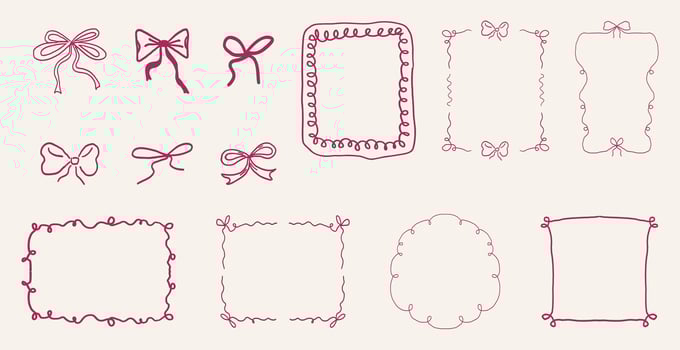 Whimsical coquette ribbon frame, hand-drawn line ornament, border y2k romantic retro design element. Wavy curved vintage decor vector