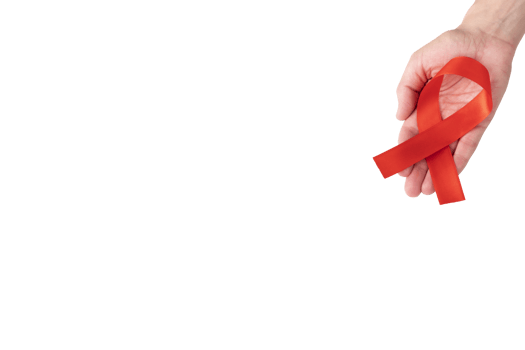 Red satin ribbon on a female palm, isolated background. Symbol Awareness about AIDS and blood cancer. copy space. png