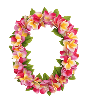 Vibrant floral lei crafted from pink red and yellow blossoms with lush green leaves in a circle shape png