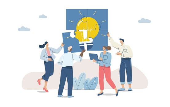 Team meeting to develop common ideas, Business team brainstorming, Teamwork with all employees involved, Business people connecting light bulb jigsaw puzzle together. Flat illustration. vector