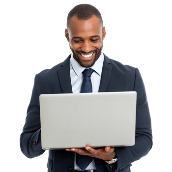 Smiling businessman boss holding and looking the laptop png