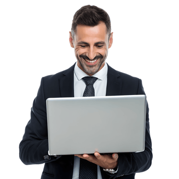 Smiling smart business man holding and looking the laptop png