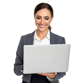 Smiling smart business woman holding and looking the laptop with transparent background png
