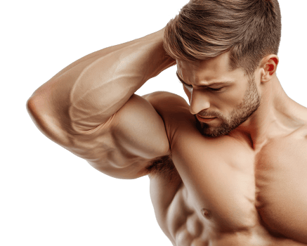 Strong muscular man showing biceps muscles isolated on transparent background png