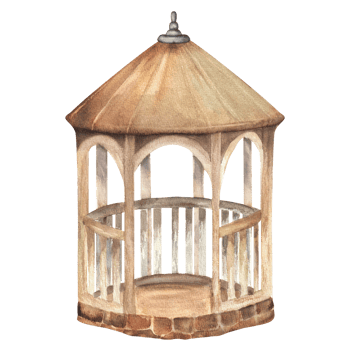 An old wooden gazebo with stony basement and yellow brown roof. Shabby pillars. Garden clipart. Hand-drawn watercolor illustration. For postcards, patterns, covers design, gardening leaflets png