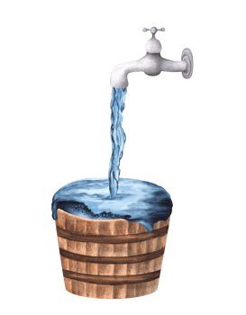 A faucet with flowing water and a wooden tub full of water. Gardening clipart. Old garden water tap with water jet. Garden watering. Hand-drawn watercolor illustration. For postcards, leaflets design png