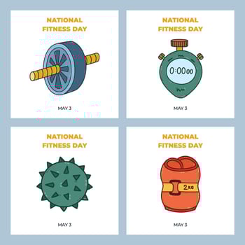 Minimalistic set of holiday square poster for National Fitness Day with coloured doodle of stopwatch, abs push roller, massage ball, ankle weights for social media post, postcard, website, leaflet. vector
