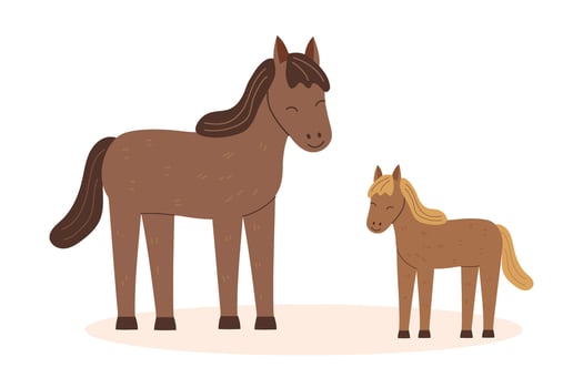 Horse and foal cliparts isolated on white background. Farming, animals, livestock concept. vector