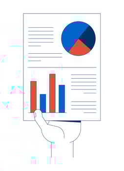 Hand holding pie and bar chart infographic report illustration. Piechart, barchart. Corporate paperwork presentation 2D cartoon image isolated on white. Editable flat clipart colorful vector