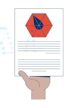 Hand holding hexagonal data diagram report illustration. Hexagon radar chart inhand. Insight delivery. Analytics sheet 2D cartoon image isolated on white. Editable flat clipart colorful vector